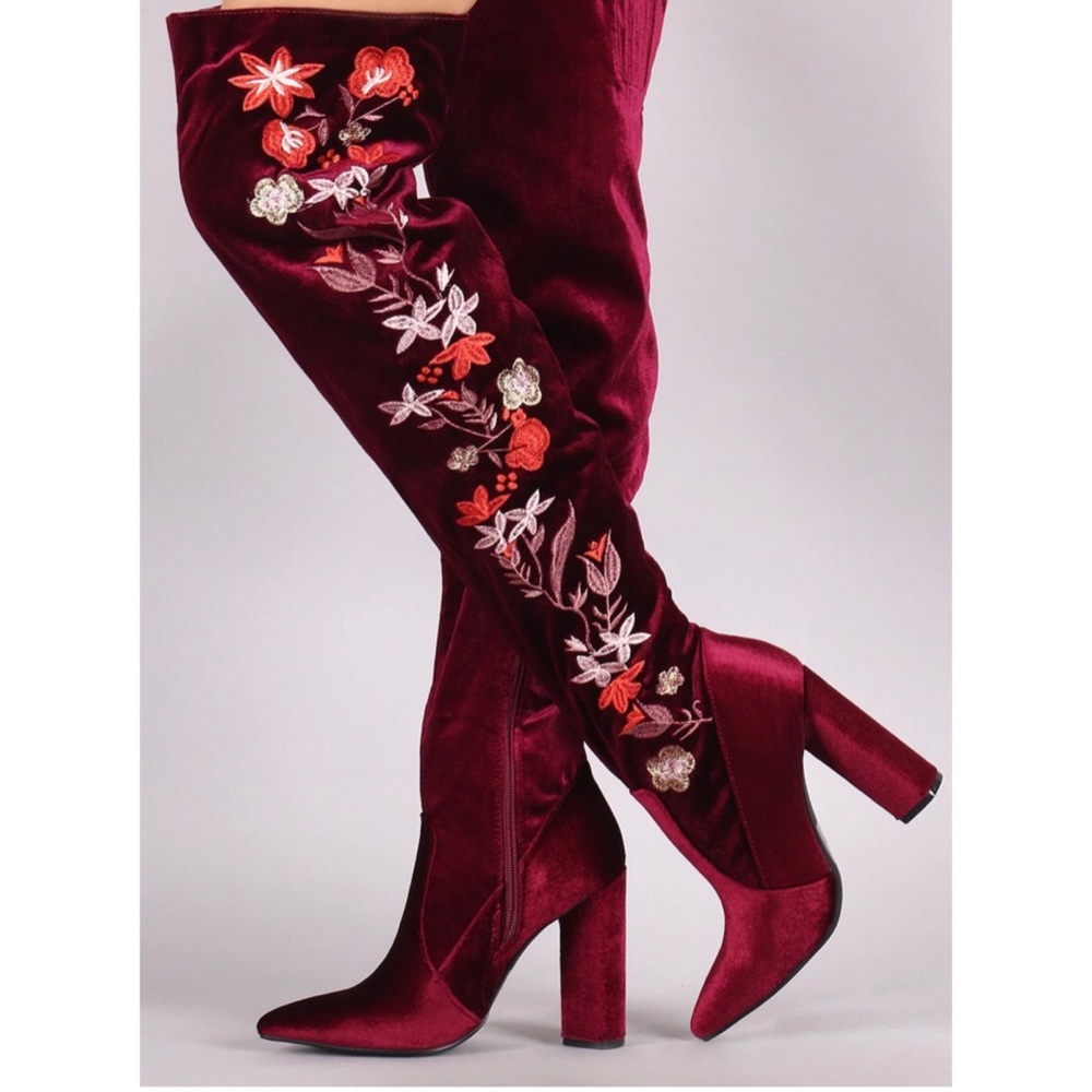 Qupid, Wine Crushed Velvet Over The Knee Boots